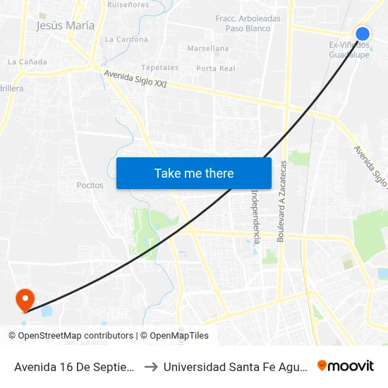 Avenida 16 De Septiembre, 115 to Universidad Santa Fe Aguascalientes map