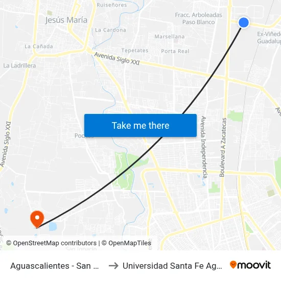 Aguascalientes - San Marcos, 304 to Universidad Santa Fe Aguascalientes map