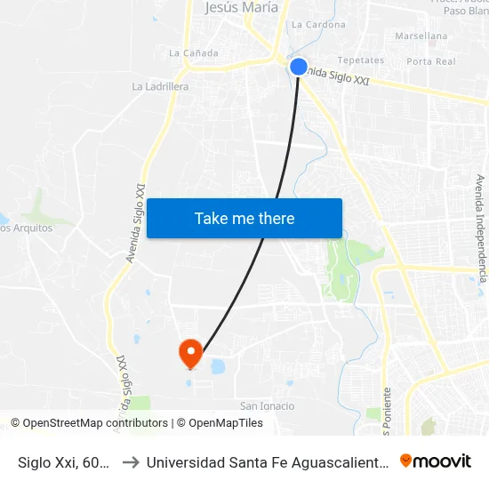 Siglo Xxi, 600a to Universidad Santa Fe Aguascalientes map