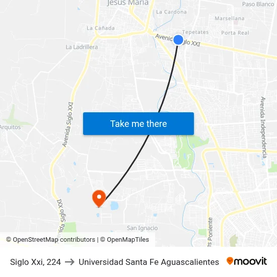 Siglo Xxi, 224 to Universidad Santa Fe Aguascalientes map