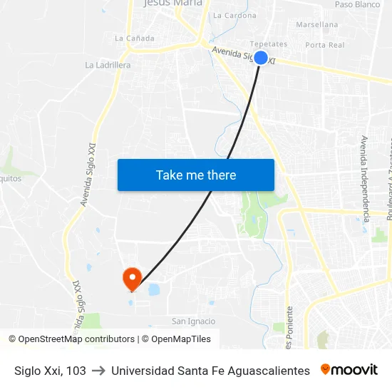 Siglo Xxi, 103 to Universidad Santa Fe Aguascalientes map