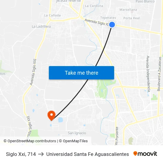Siglo Xxi, 714 to Universidad Santa Fe Aguascalientes map