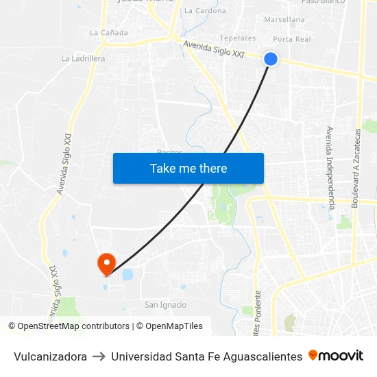 Vulcanizadora to Universidad Santa Fe Aguascalientes map