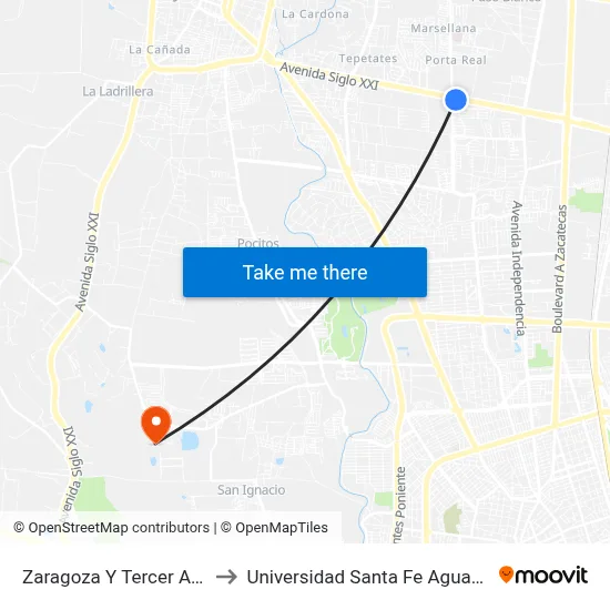 Zaragoza Y Tercer Anillo Sur to Universidad Santa Fe Aguascalientes map