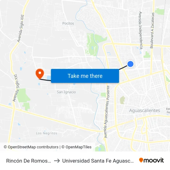 Rincón De Romos, 314 to Universidad Santa Fe Aguascalientes map