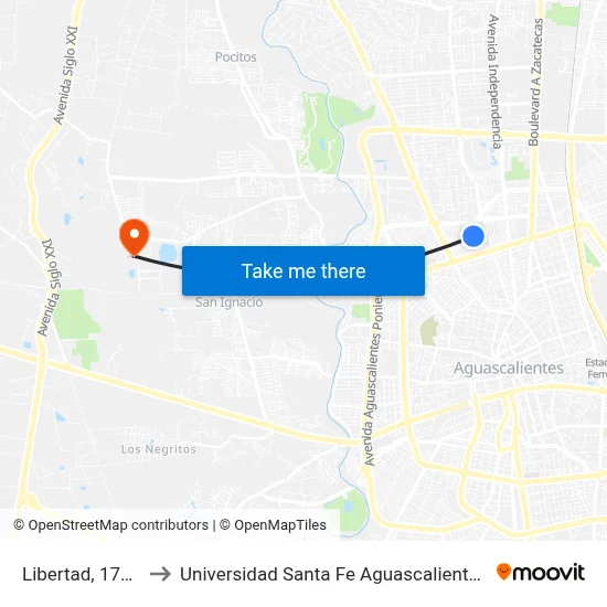 Libertad, 1718 to Universidad Santa Fe Aguascalientes map