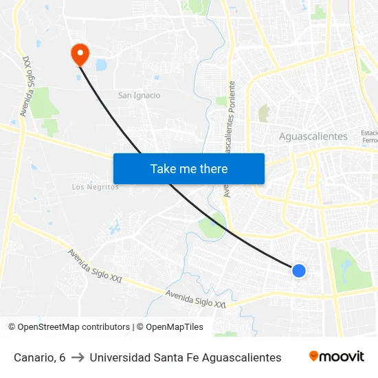 Canario, 6 to Universidad Santa Fe Aguascalientes map