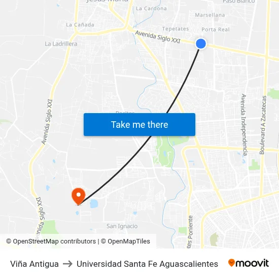 Viña Antigua to Universidad Santa Fe Aguascalientes map