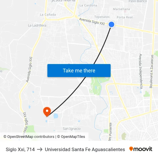 Siglo Xxi, 714 to Universidad Santa Fe Aguascalientes map