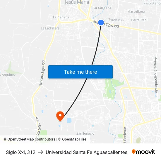 Siglo Xxi, 312 to Universidad Santa Fe Aguascalientes map