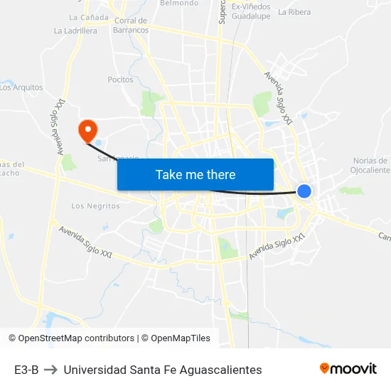 E3-B to Universidad Santa Fe Aguascalientes map