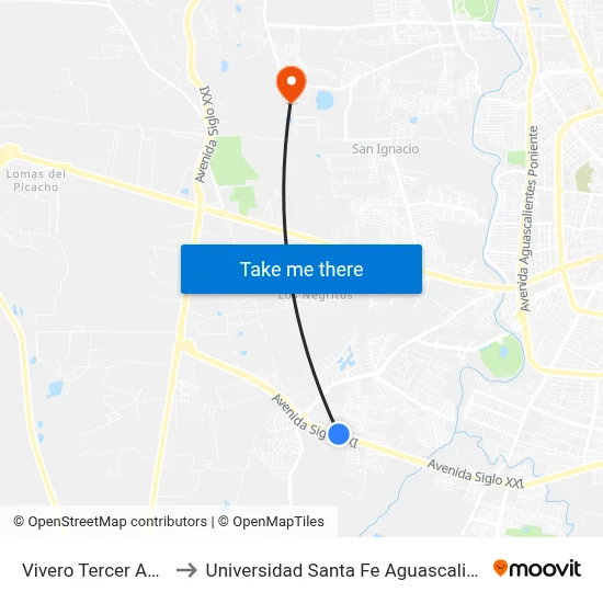 Vivero Tercer Anillo to Universidad Santa Fe Aguascalientes map