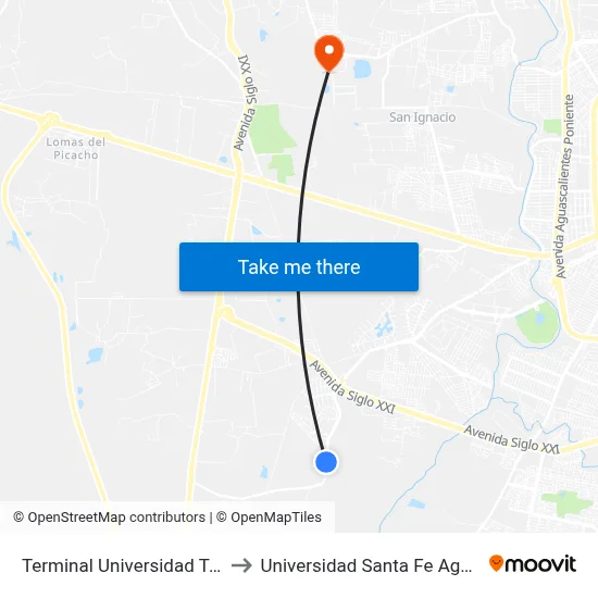 Terminal Universidad Tecnológica to Universidad Santa Fe Aguascalientes map