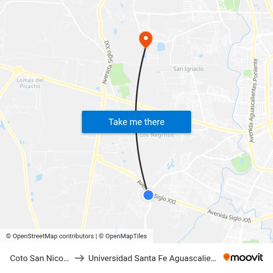 Coto San Nicolás to Universidad Santa Fe Aguascalientes map