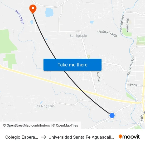 Colegio Esperanza to Universidad Santa Fe Aguascalientes map