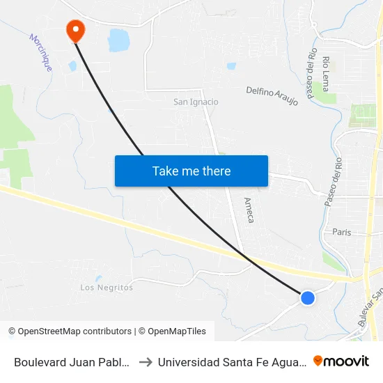 Boulevard Juan Pablo Ii, 1003 to Universidad Santa Fe Aguascalientes map