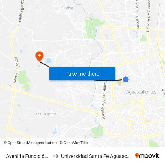 Avenida Fundición, 104 to Universidad Santa Fe Aguascalientes map