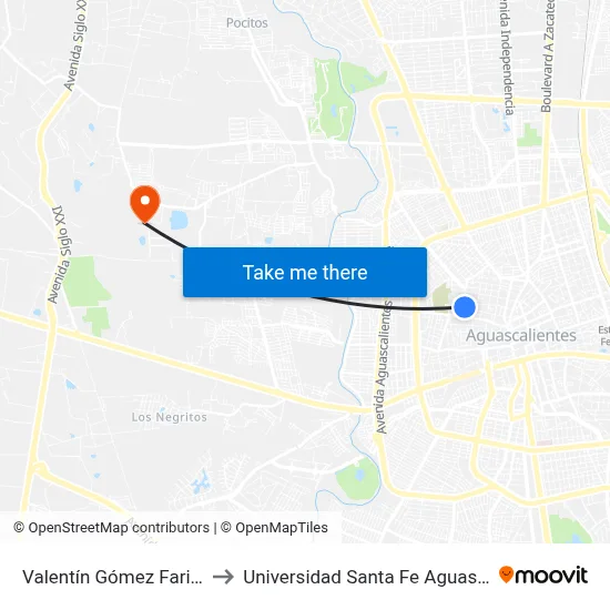 Valentín Gómez Farias, 708 to Universidad Santa Fe Aguascalientes map