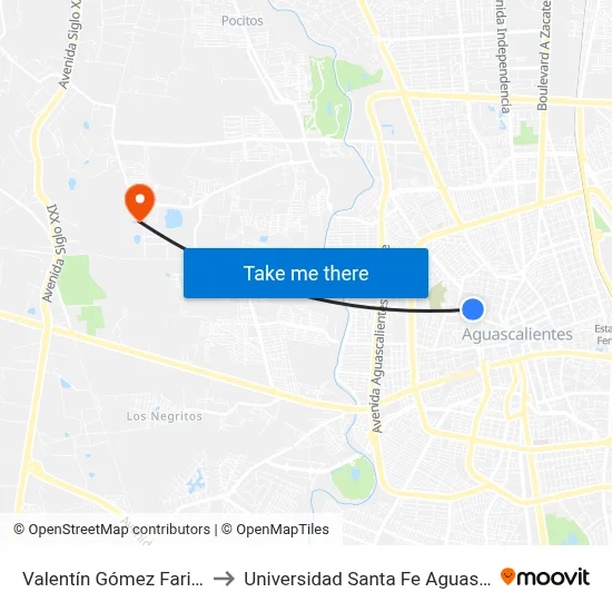 Valentín Gómez Farias, 526 to Universidad Santa Fe Aguascalientes map