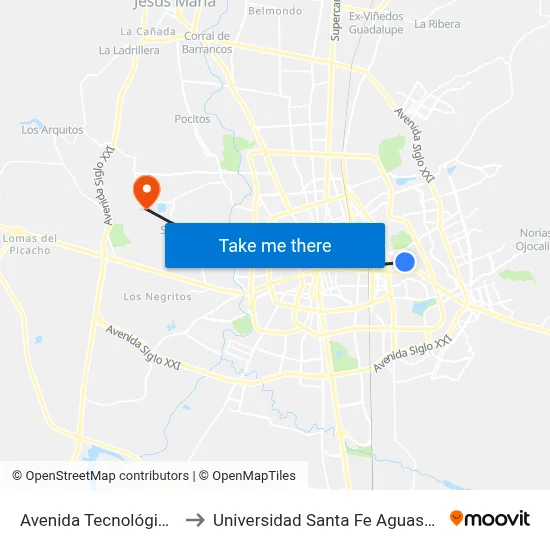 Avenida Tecnológico, 113 to Universidad Santa Fe Aguascalientes map
