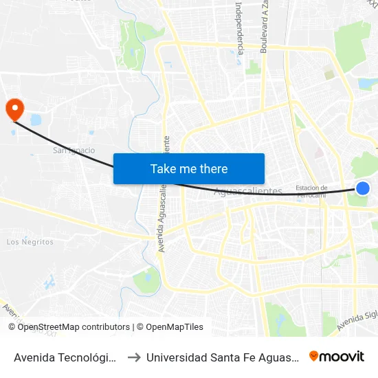 Avenida Tecnológico, 106 to Universidad Santa Fe Aguascalientes map