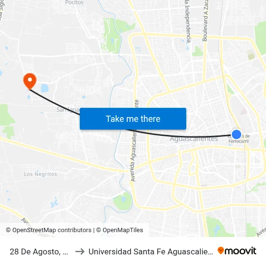28 De Agosto, 118 to Universidad Santa Fe Aguascalientes map