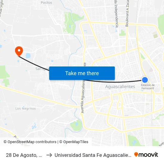 28 De Agosto, 310 to Universidad Santa Fe Aguascalientes map