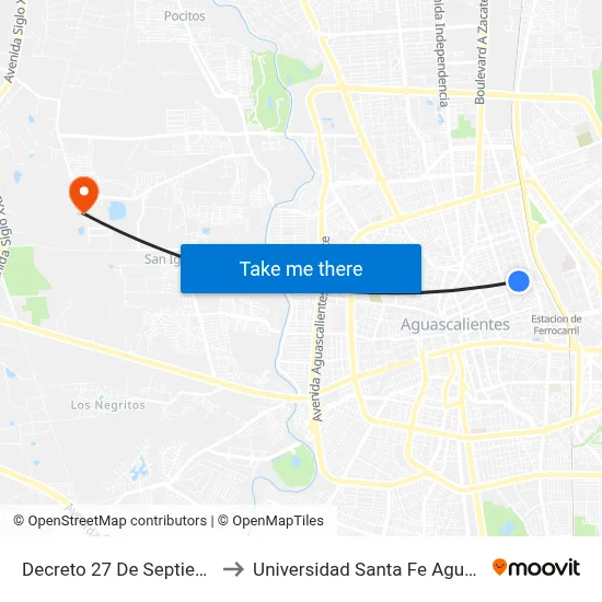 Decreto 27 De Septiembre, 112 to Universidad Santa Fe Aguascalientes map
