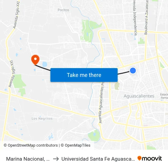 Marina Nacional, 1206 to Universidad Santa Fe Aguascalientes map