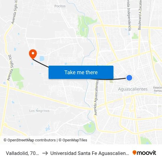 Valladolid, 702c to Universidad Santa Fe Aguascalientes map