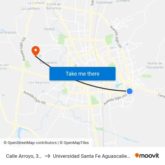 Calle Arroyo, 306 to Universidad Santa Fe Aguascalientes map