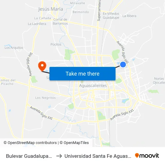 Bulevar Guadalupano, 929 to Universidad Santa Fe Aguascalientes map