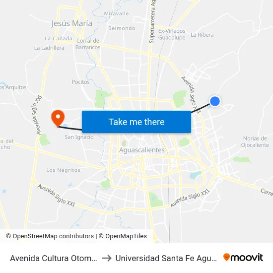 Avenida Cultura Otomí, 737(Vd) to Universidad Santa Fe Aguascalientes map