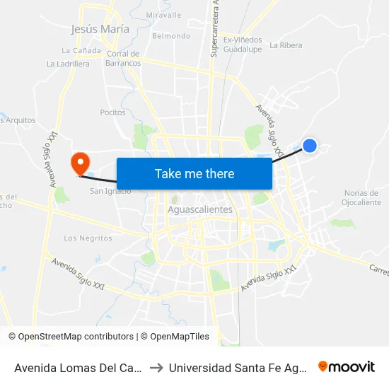 Avenida Lomas Del Cardenal, 113 to Universidad Santa Fe Aguascalientes map