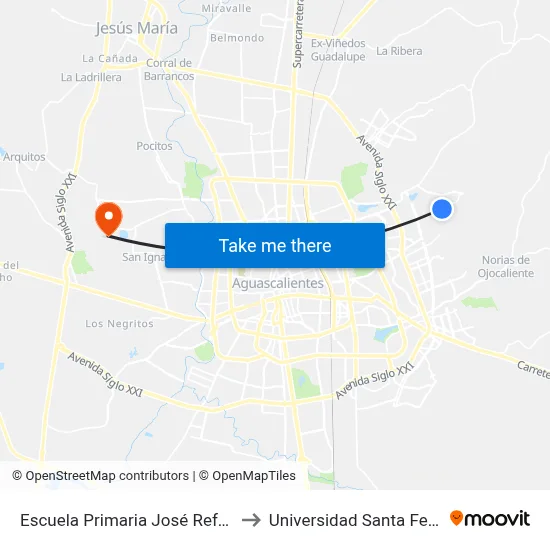Escuela Primaria José Refugio Esparza Reyes to Universidad Santa Fe Aguascalientes map