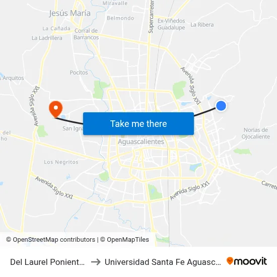 Del Laurel Poniente, 106 to Universidad Santa Fe Aguascalientes map