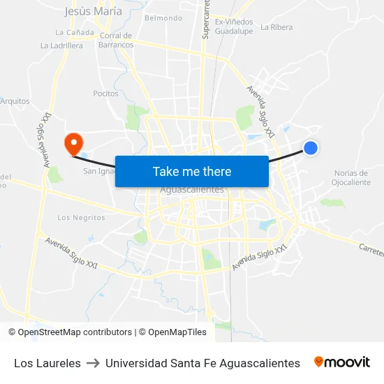 Los Laureles to Universidad Santa Fe Aguascalientes map