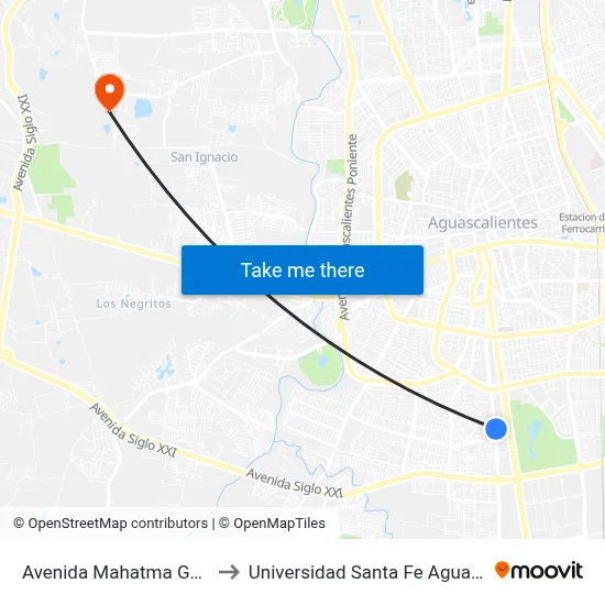 Avenida Mahatma Gandhi, Lb to Universidad Santa Fe Aguascalientes map