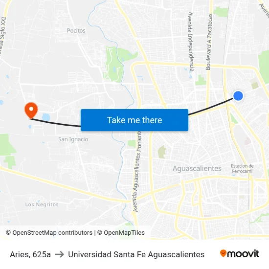 Aries, 625a to Universidad Santa Fe Aguascalientes map