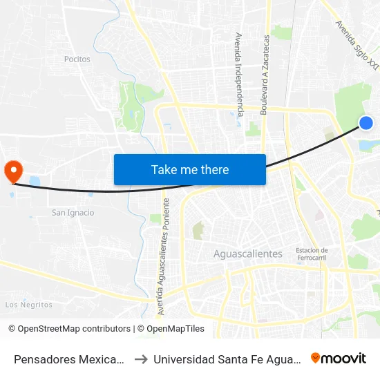 Pensadores Mexicanos, 370 to Universidad Santa Fe Aguascalientes map