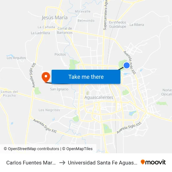 Carlos Fuentes Mares, 407 to Universidad Santa Fe Aguascalientes map