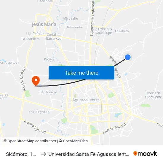 Sicómoro, 104 to Universidad Santa Fe Aguascalientes map