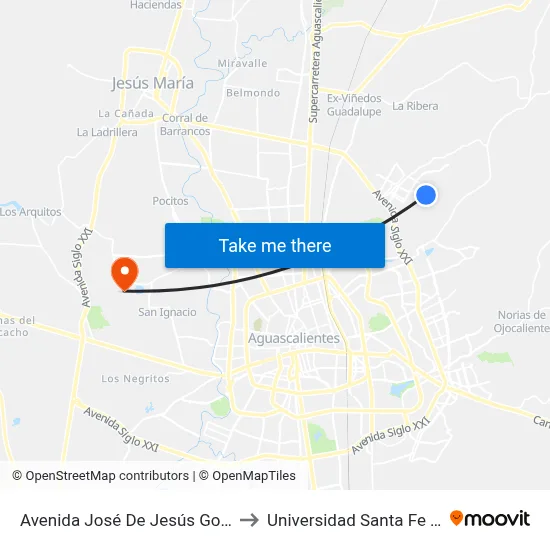 Avenida José De Jesús González García, 120 to Universidad Santa Fe Aguascalientes map