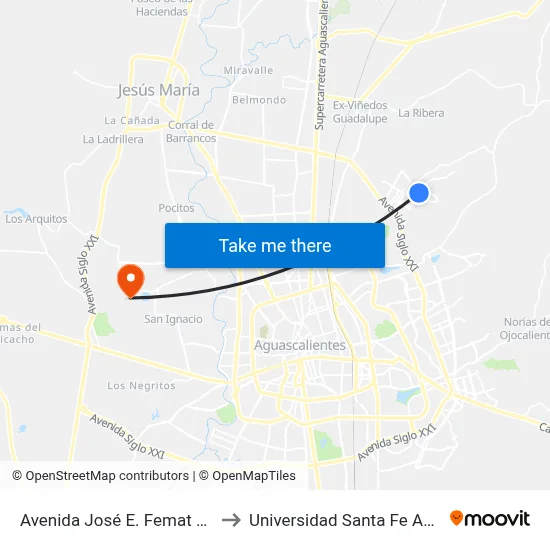 Avenida José E. Femat Gutiérrez, 433 to Universidad Santa Fe Aguascalientes map