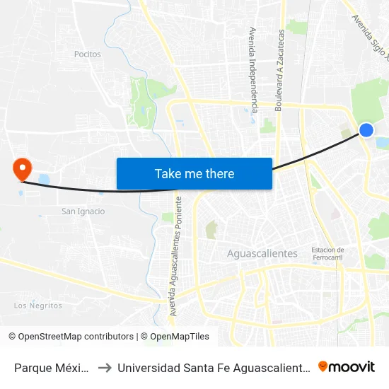 Parque México to Universidad Santa Fe Aguascalientes map