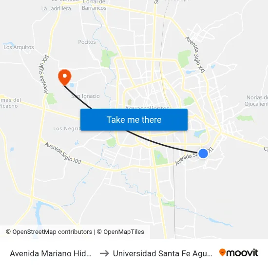 Avenida Mariano Hidalgo, 101a to Universidad Santa Fe Aguascalientes map