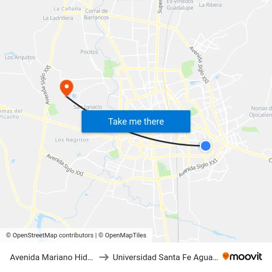 Avenida Mariano Hidalgo, 108 to Universidad Santa Fe Aguascalientes map
