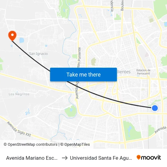 Avenida Mariano Escobedo, Lb to Universidad Santa Fe Aguascalientes map