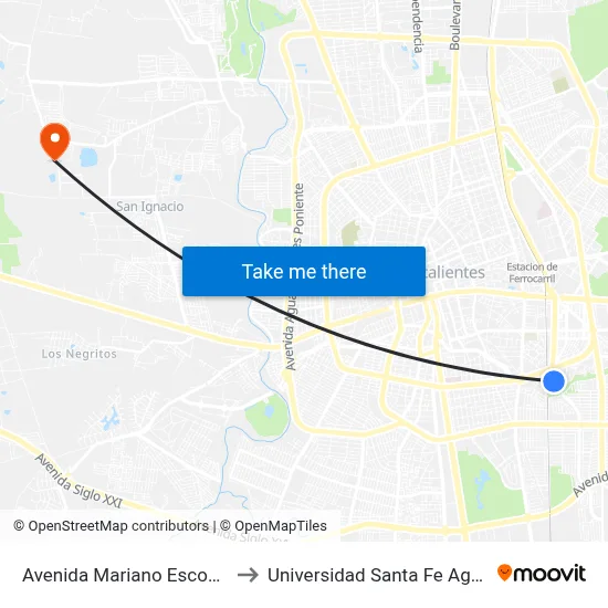 Avenida Mariano Escobedo, 1501b to Universidad Santa Fe Aguascalientes map