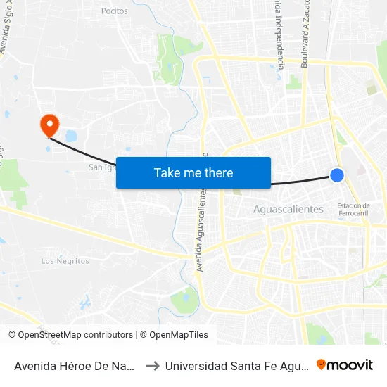 Avenida Héroe De Nacozari, 701 to Universidad Santa Fe Aguascalientes map